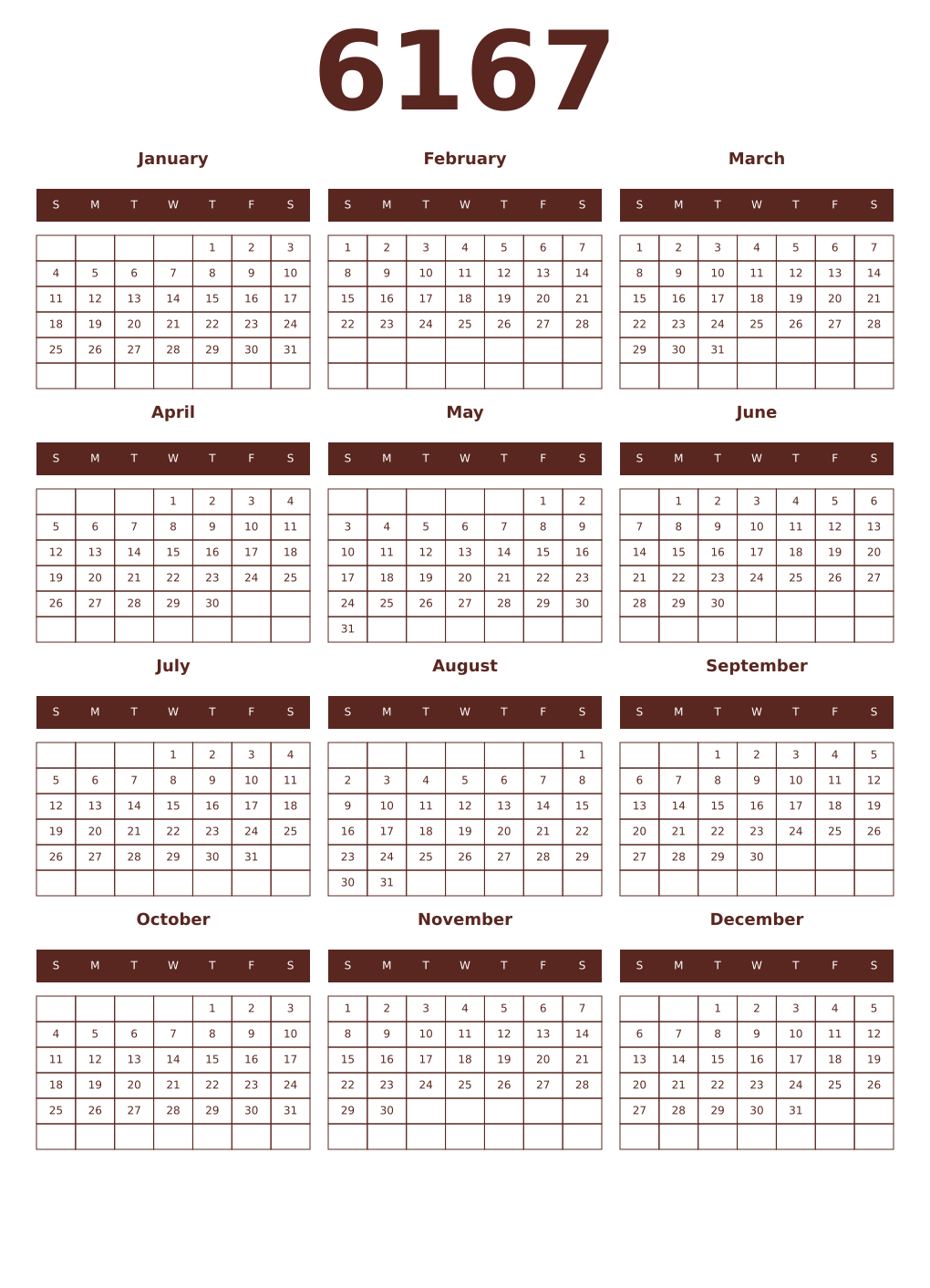 Printable 6167 Year Calendars mortuum