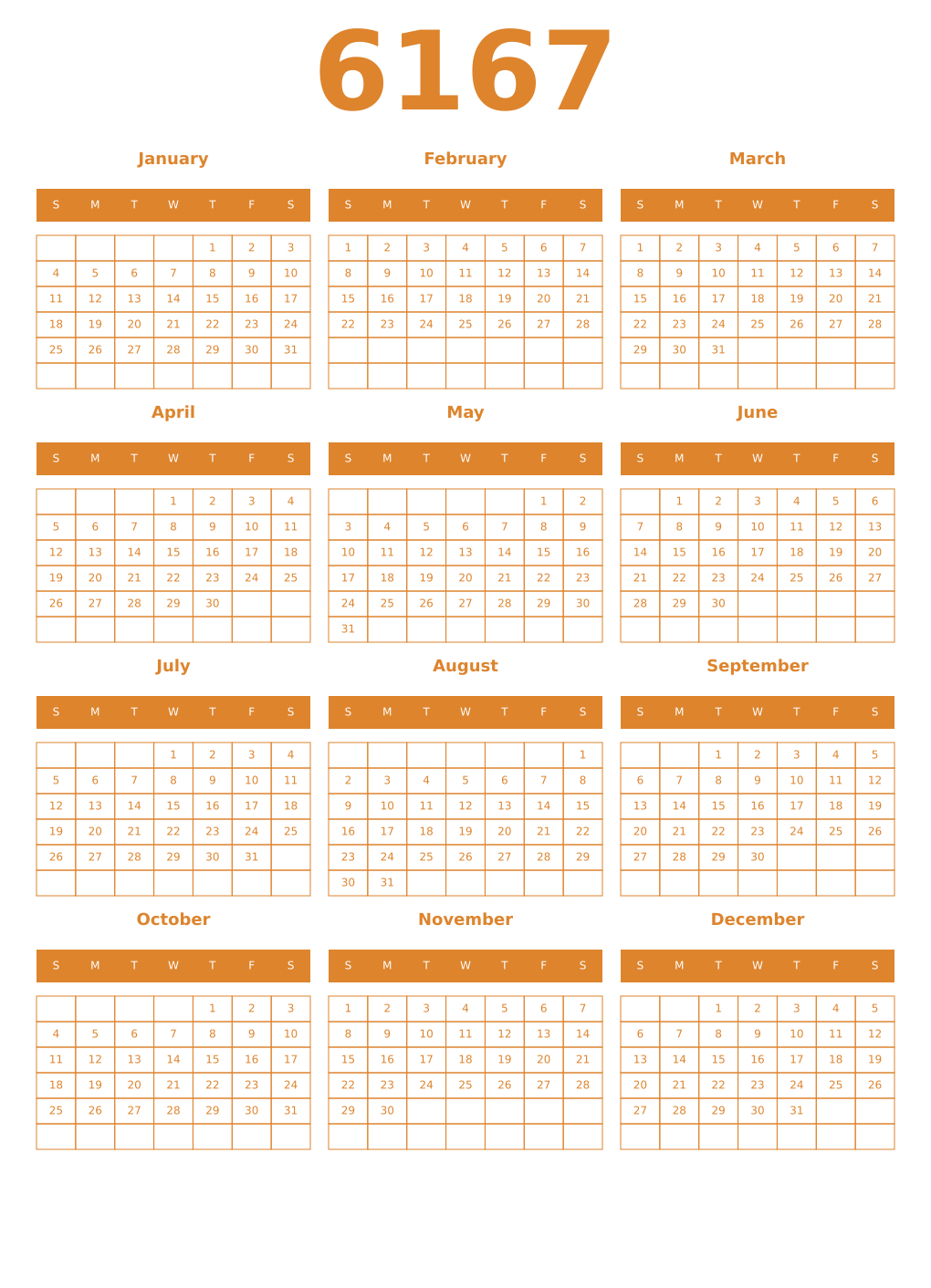 Printable 6167 Year Calendars orange