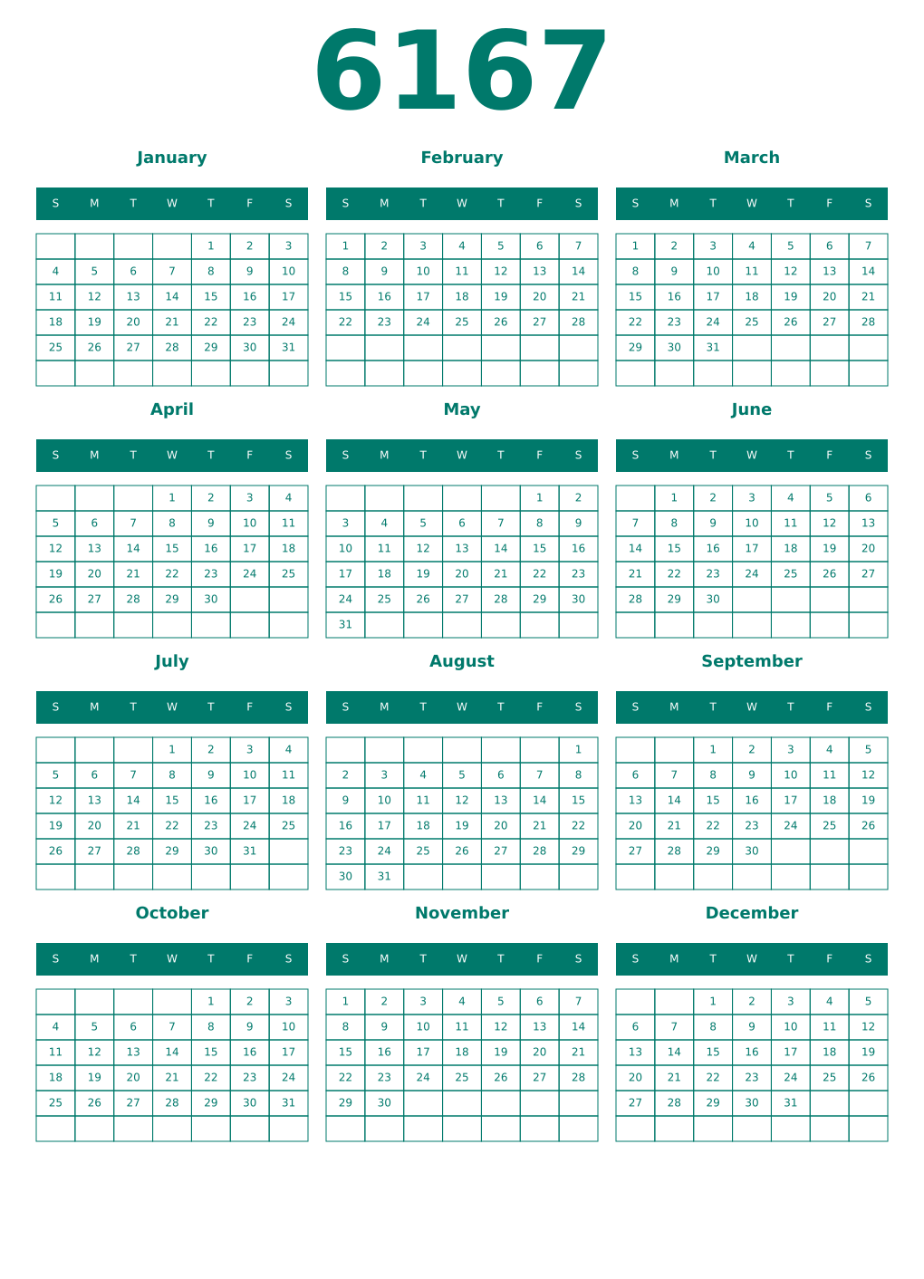 Printable 6167 Year Calendars pastel