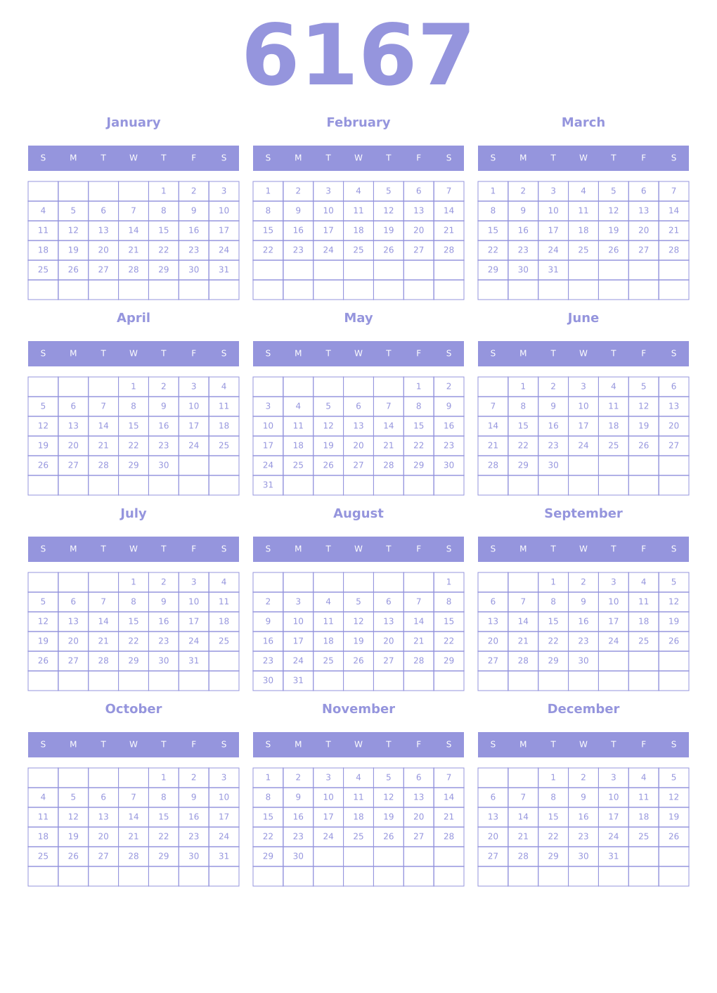 Printable 6167 Year Calendars periwinkle