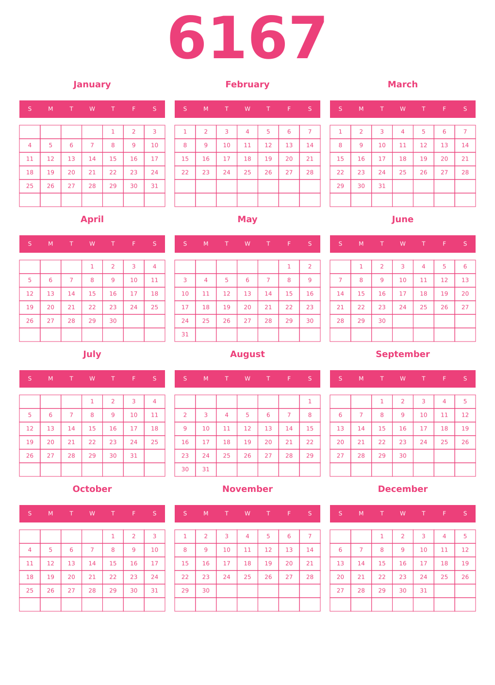 Printable 6167 Year Calendars pink