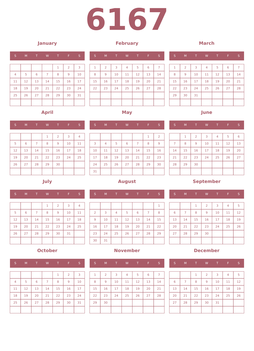 Printable 6167 Year Calendars puce
