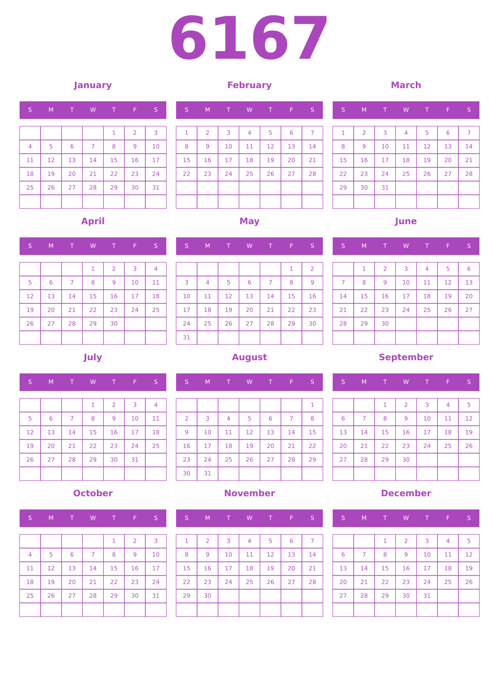 Printable 6167 Year Calendars purple