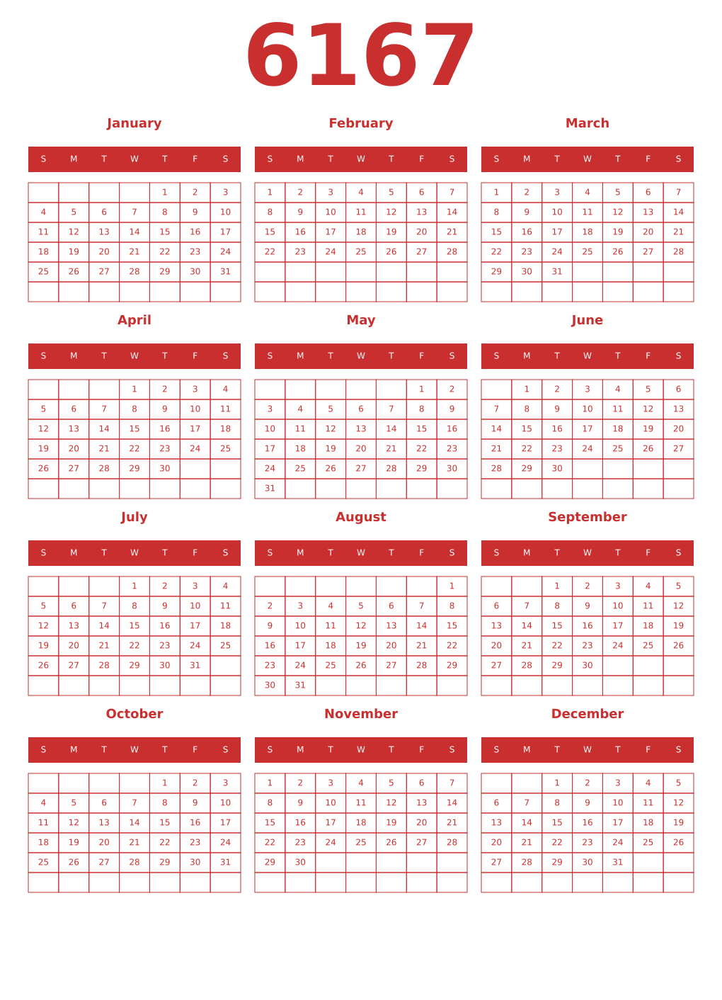 Printable 6167 Year Calendars red