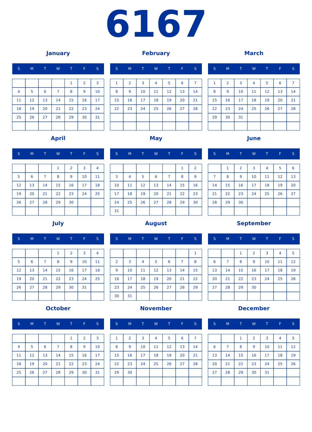 Printable 6167 Year Calendars smalt