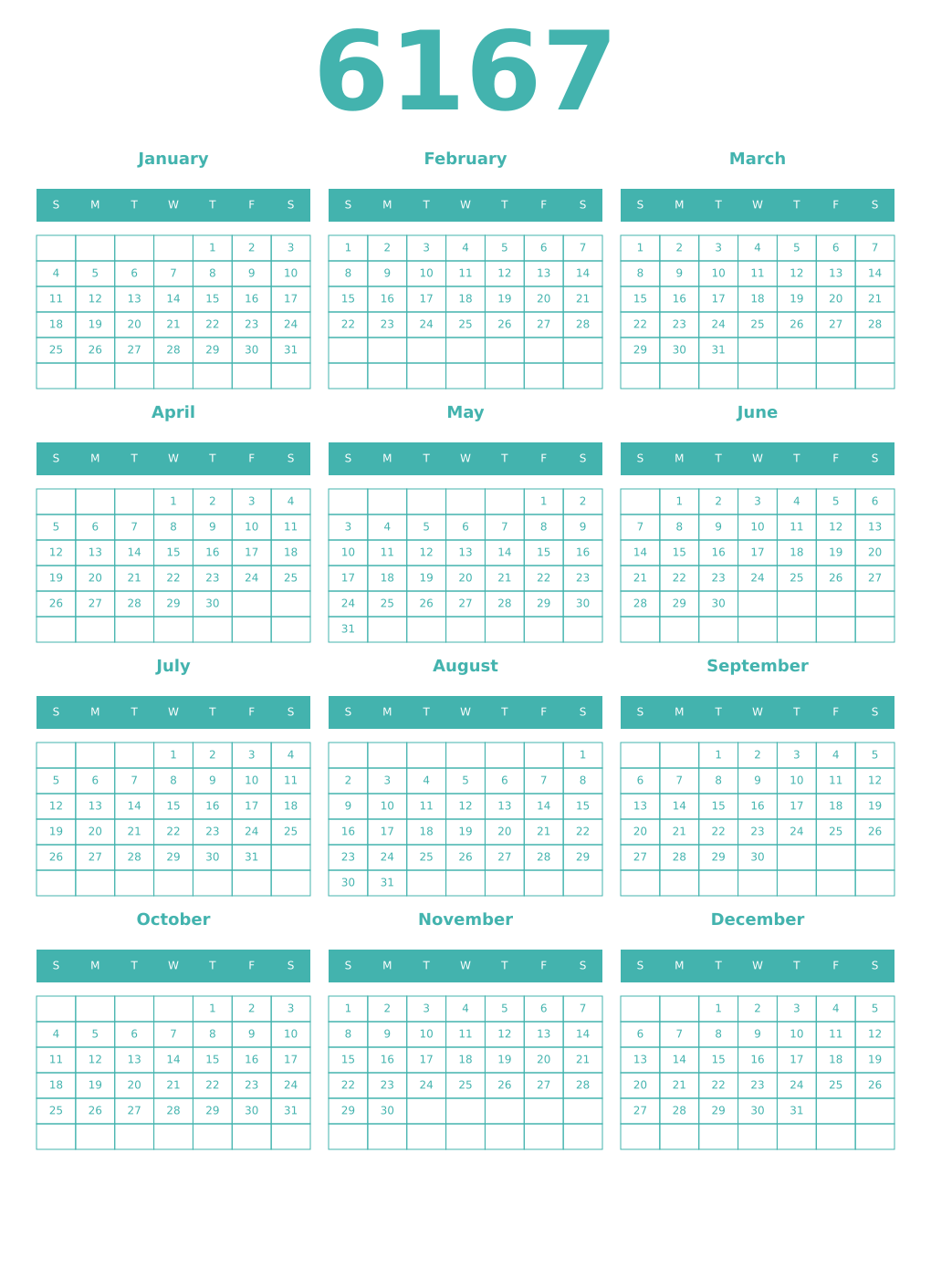 Printable 6167 Year Calendars verdigris