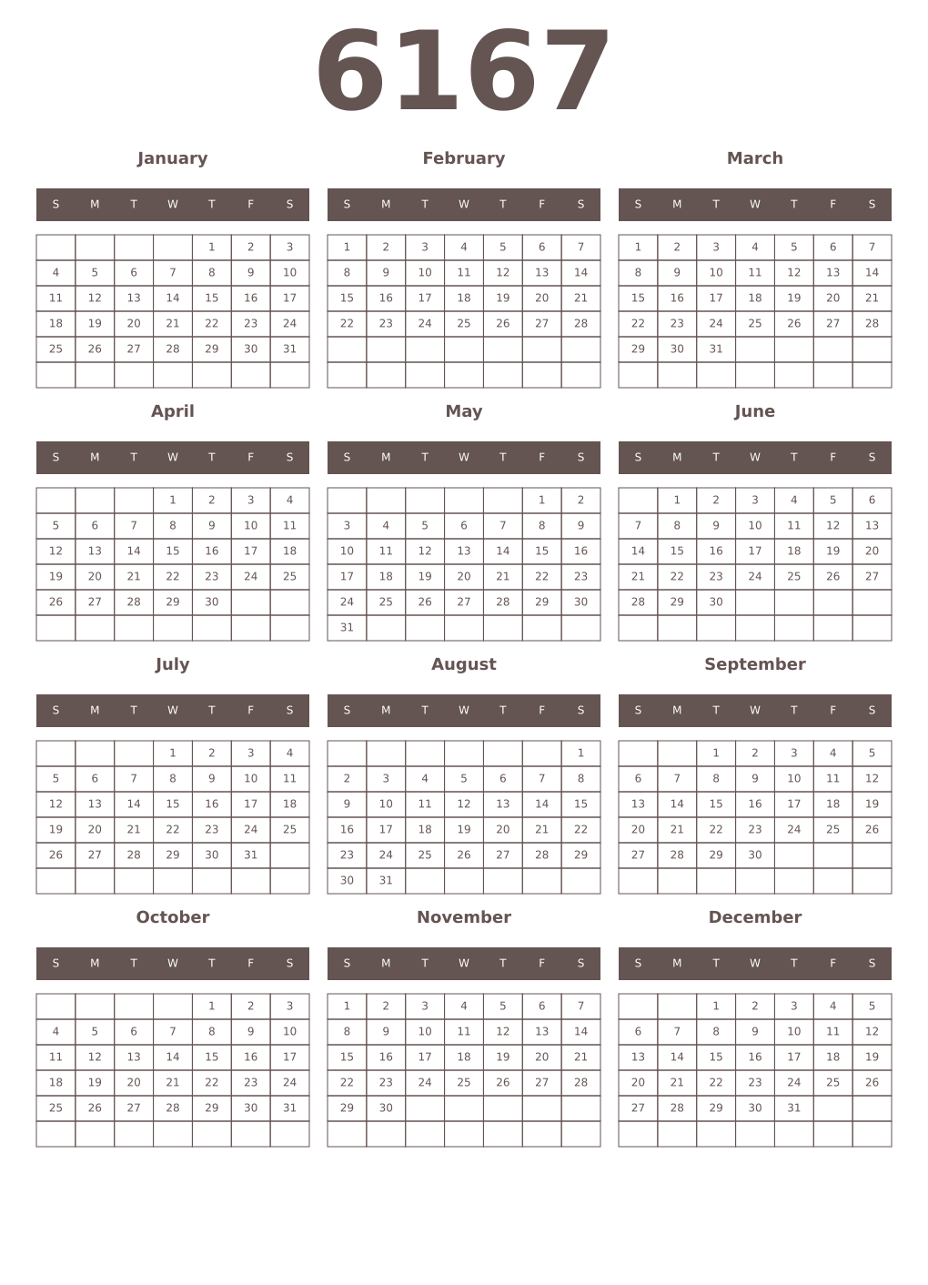 Printable 6167 Year Calendars wenge