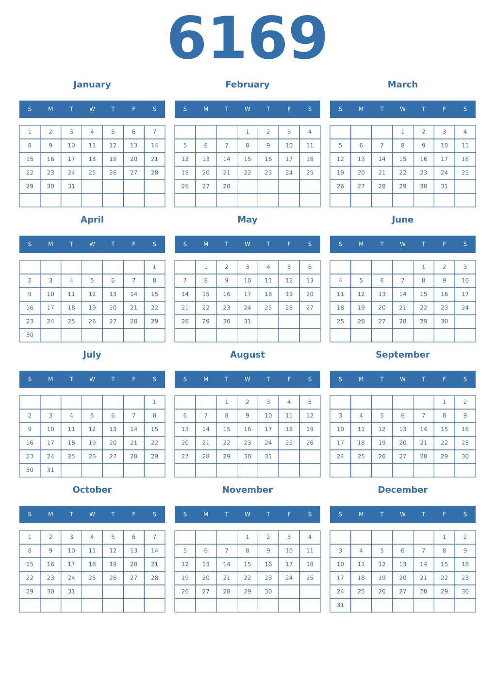 Printable 6169 Year Calendars blue
