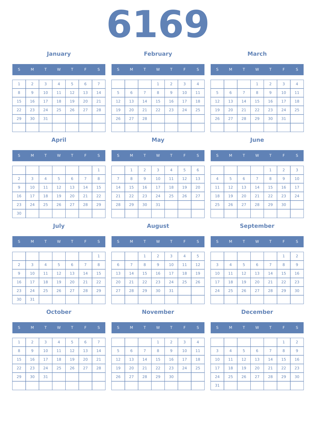 Printable 6169 Year Calendars glaucous