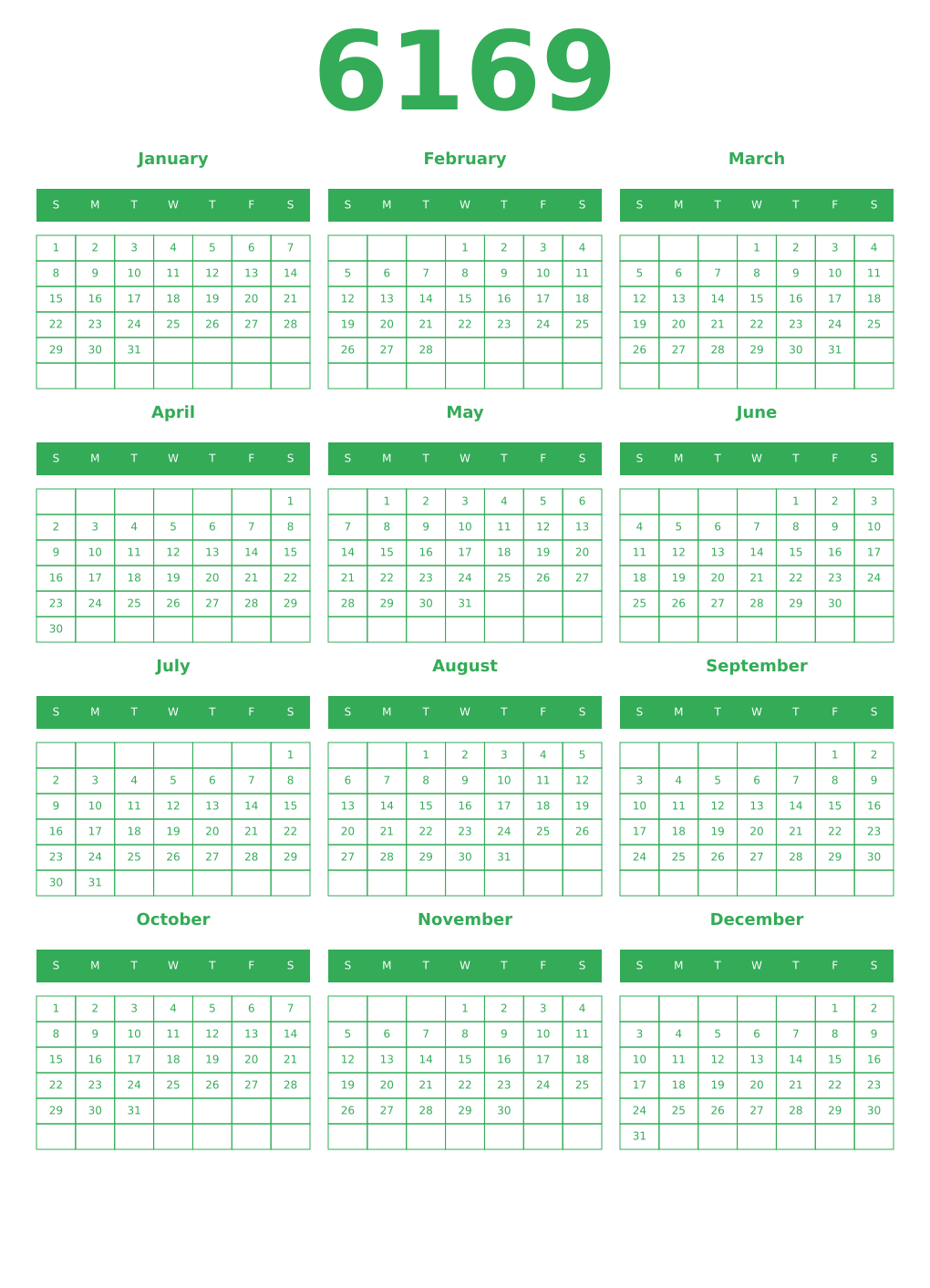 Printable 6169 Year Calendars green