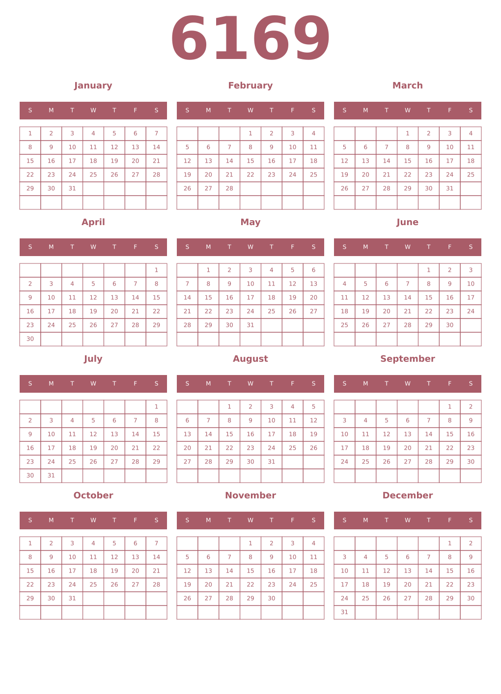 Printable 6169 Year Calendars puce