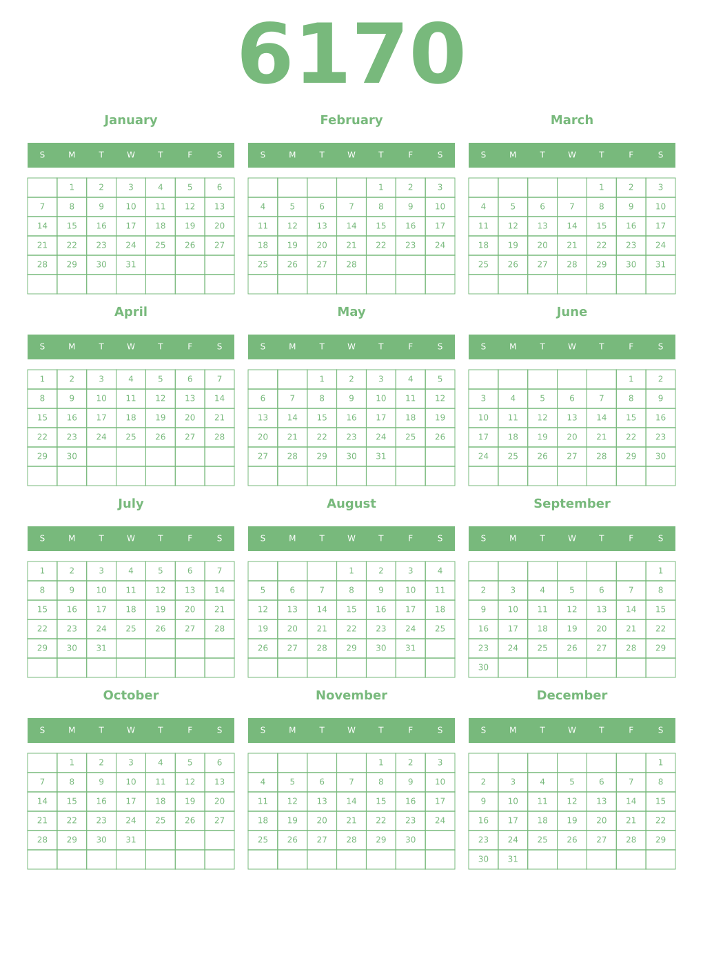 Printable 6170 Year Calendars celadon