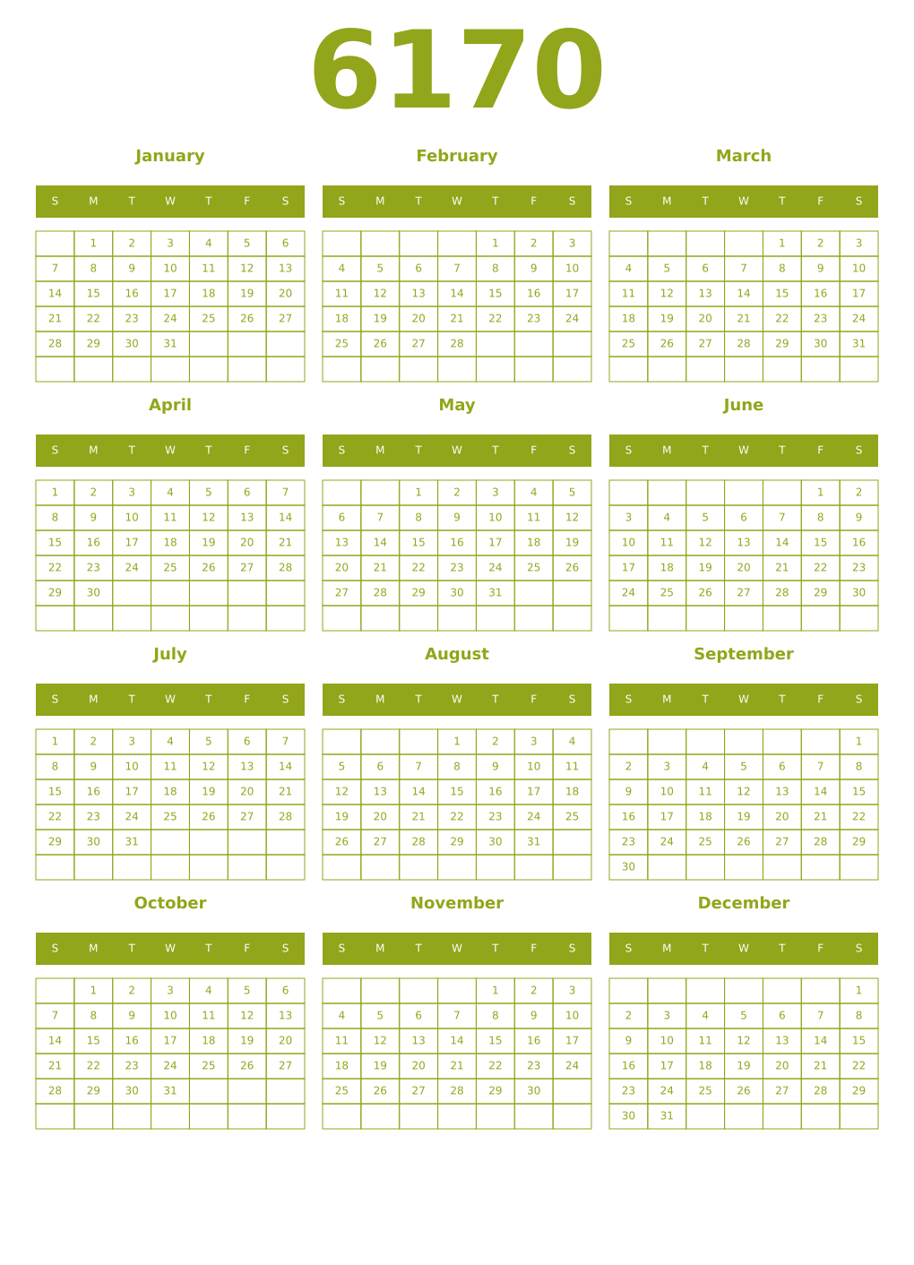 Printable 6170 Year Calendars chartreuse