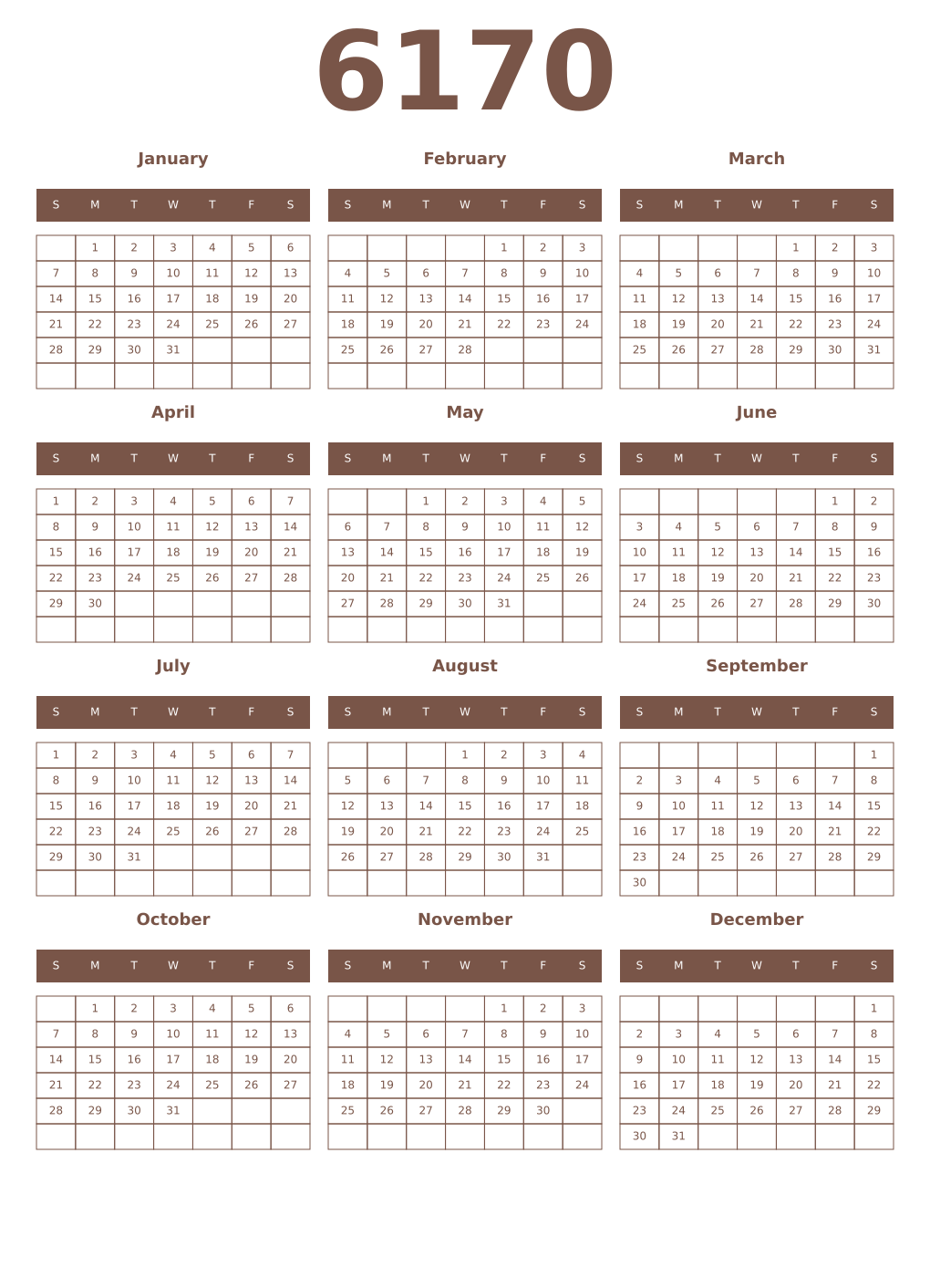 Printable 6170 Year Calendars coffe