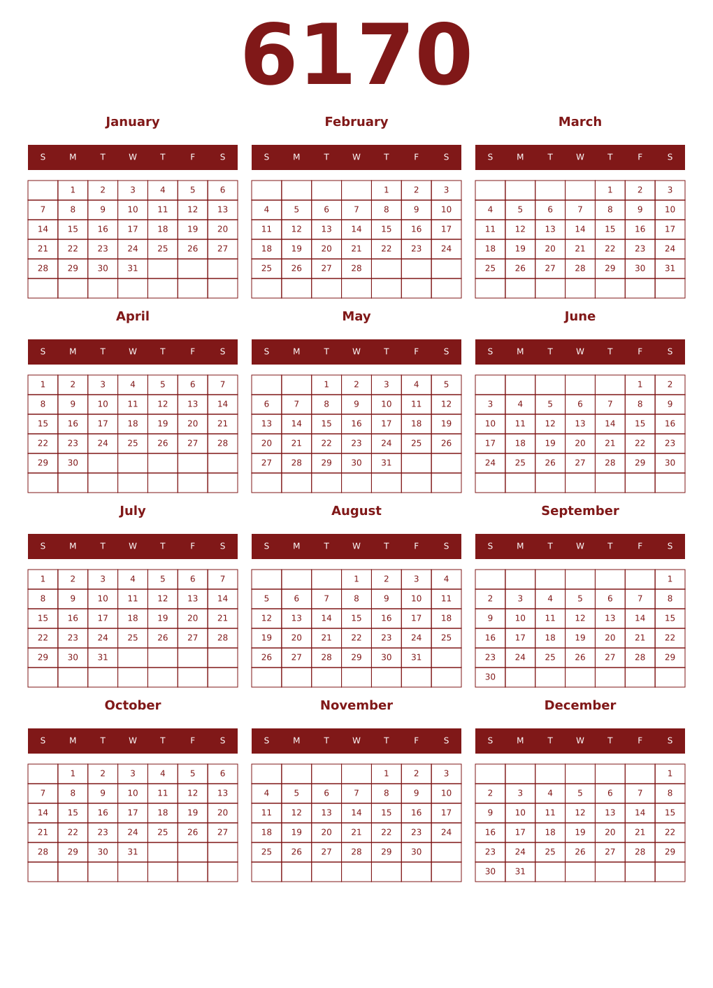 Printable 6170 Year Calendars falu