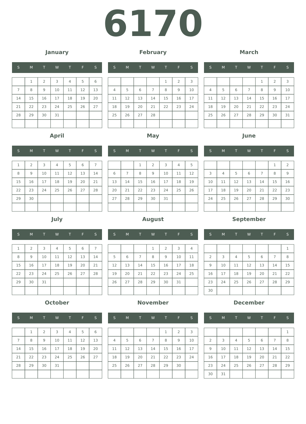 Printable 6170 Year Calendars feldgrau