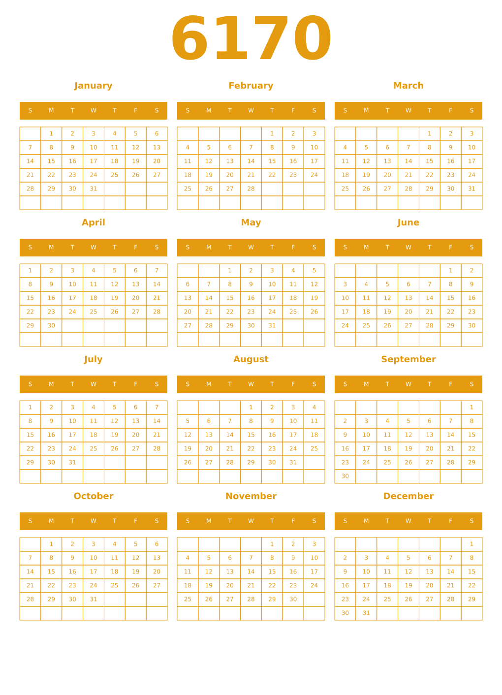 Printable 6170 Year Calendars gamboge