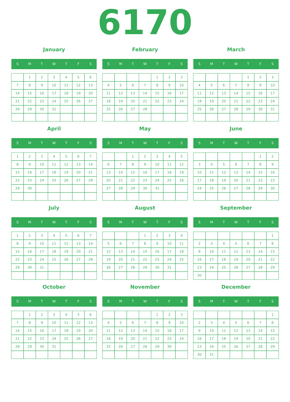 Printable 6170 Year Calendars green