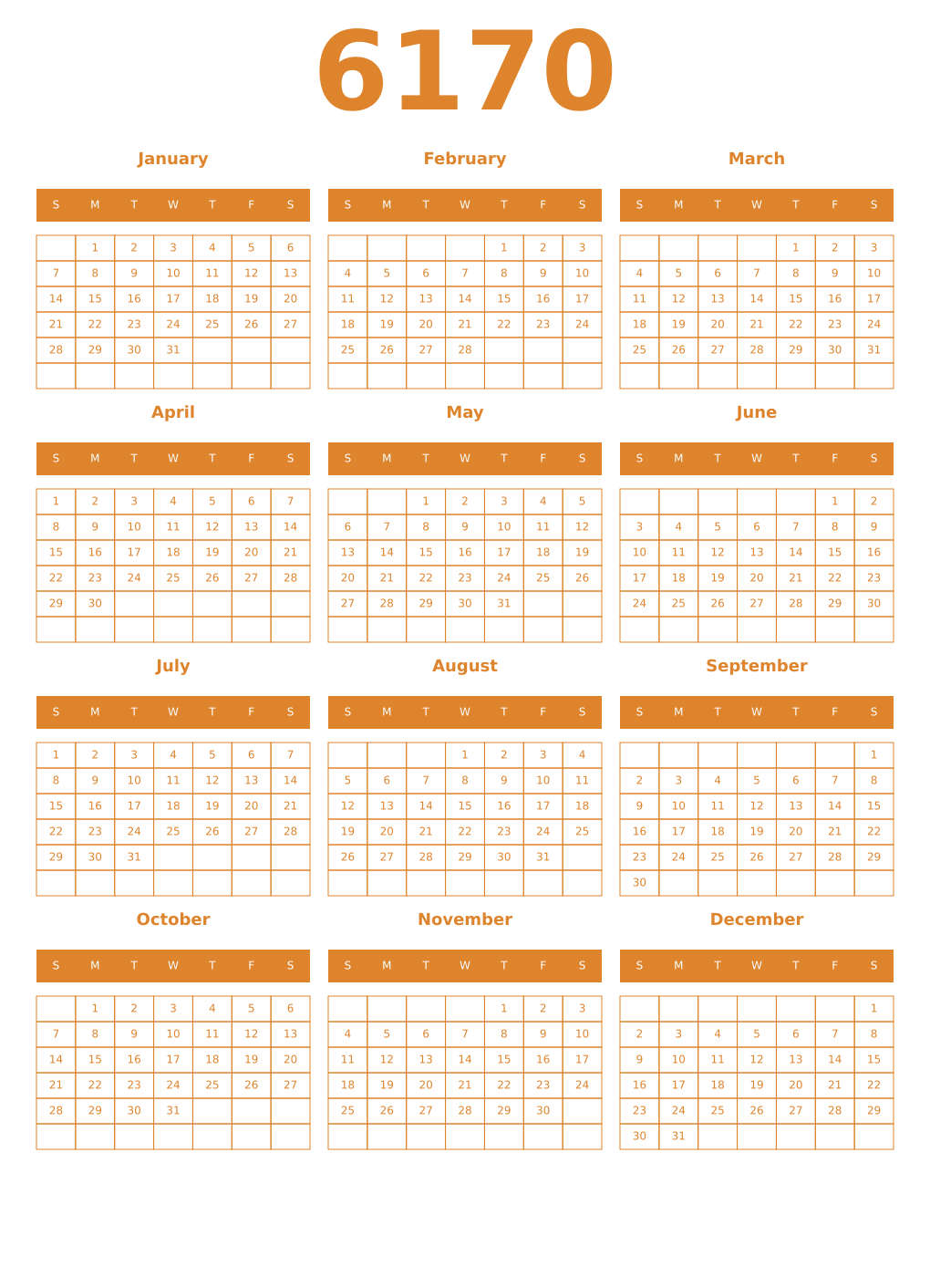 Printable 6170 Year Calendars orange