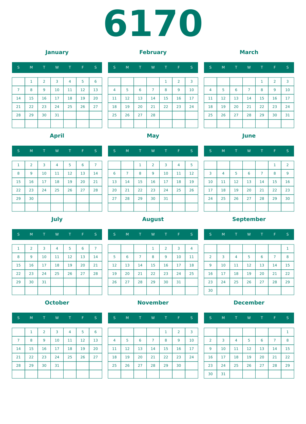 Printable 6170 Year Calendars pastel