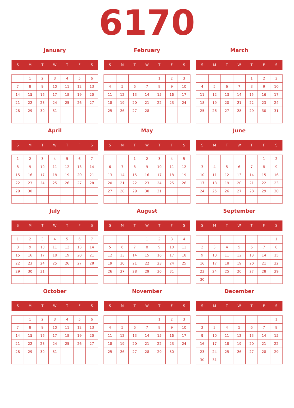 Printable 6170 Year Calendars red