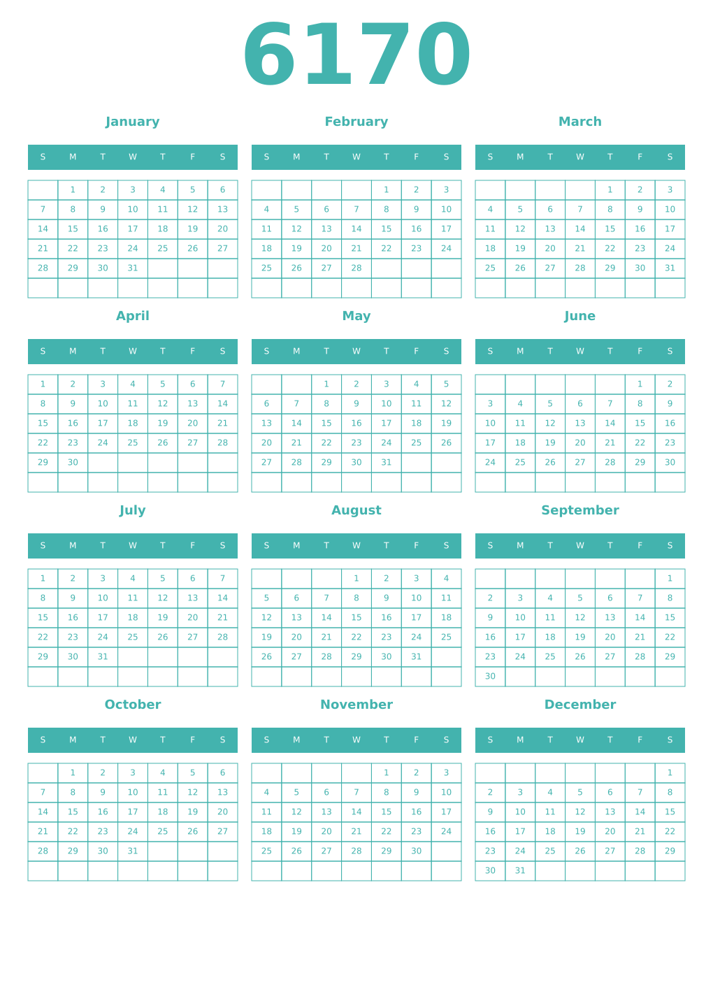 Printable 6170 Year Calendars verdigris
