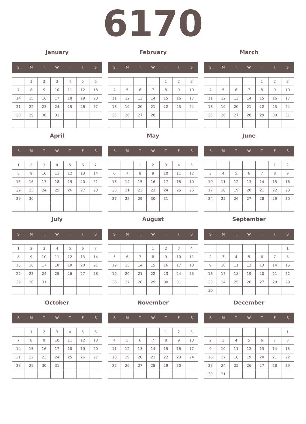Printable 6170 Year Calendars wenge