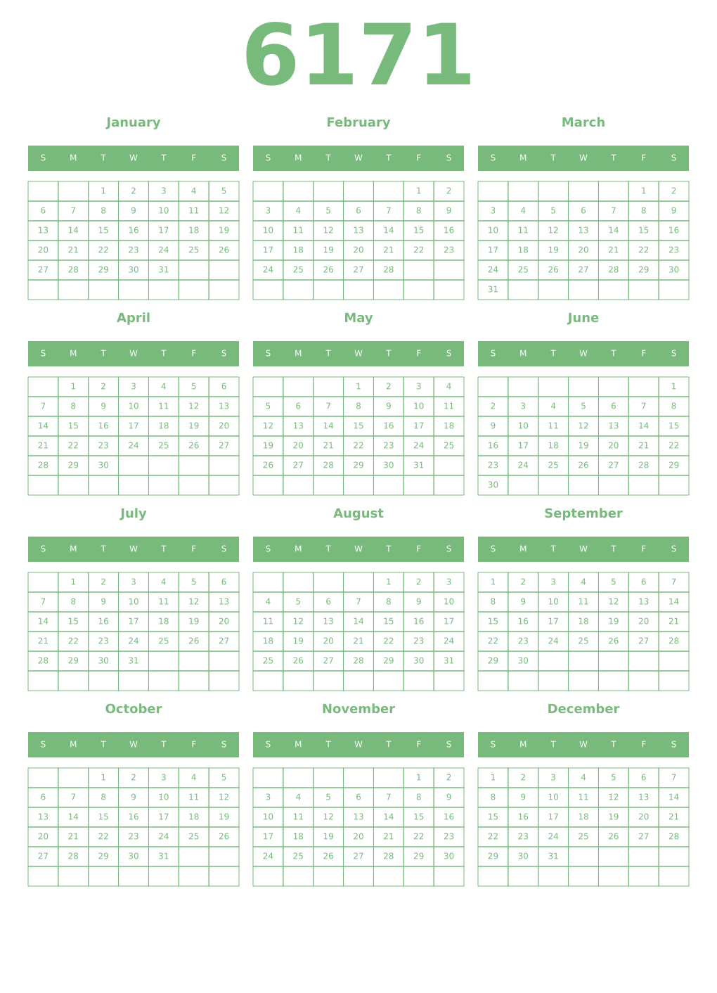 Printable 6171 Year Calendars celadon