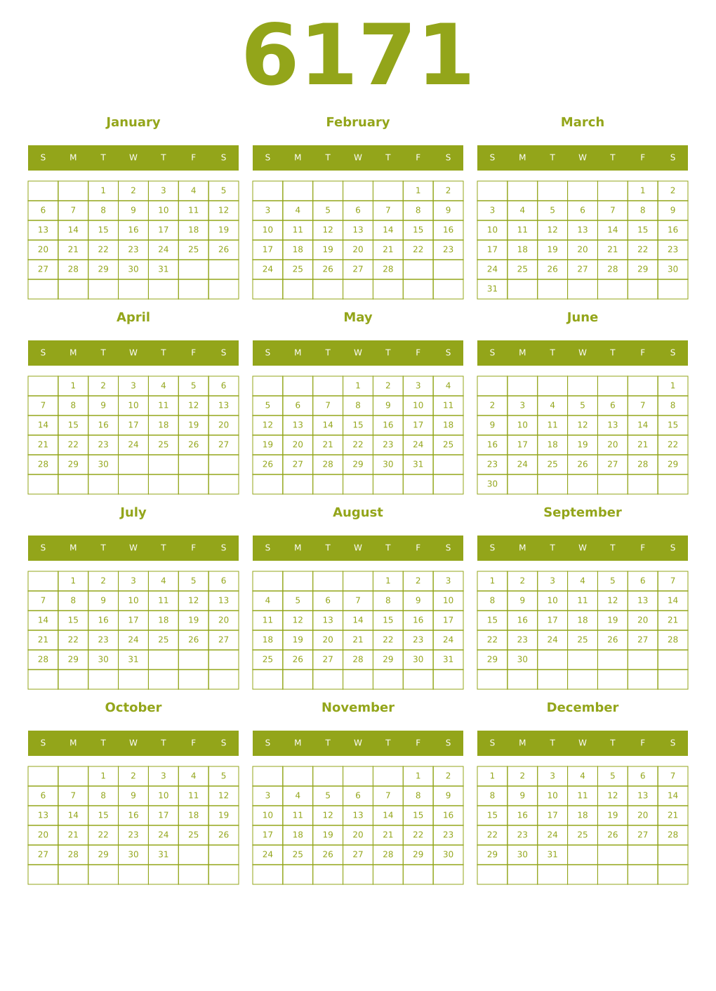 Printable 6171 Year Calendars chartreuse