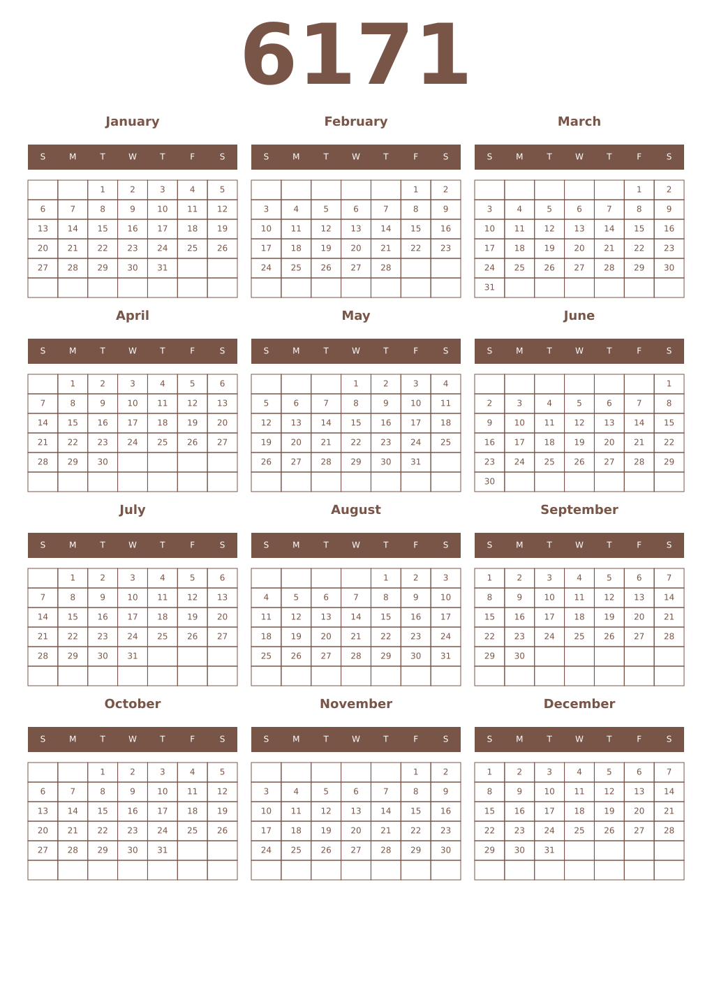 Printable 6171 Year Calendars coffe