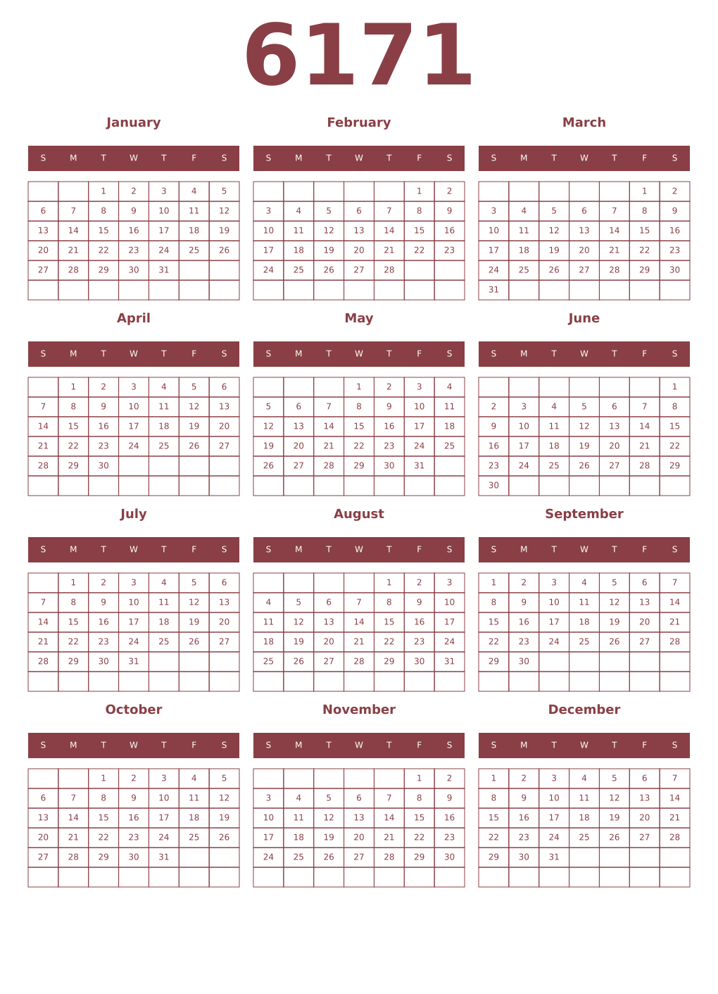 Printable 6171 Year Calendars cordovan