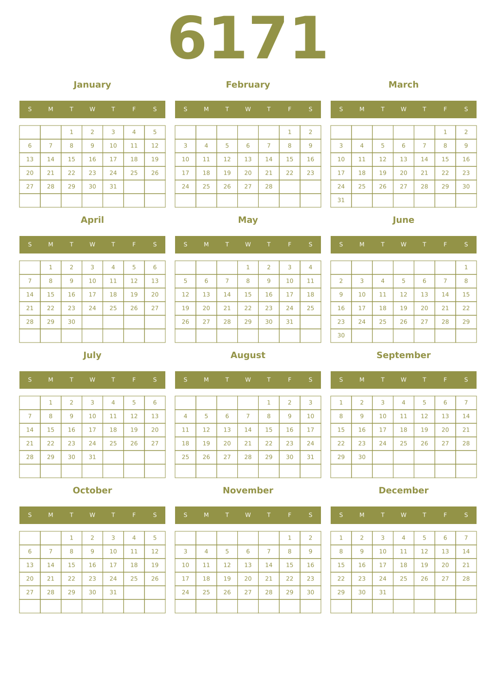 Printable 6171 Year Calendars eburnean
