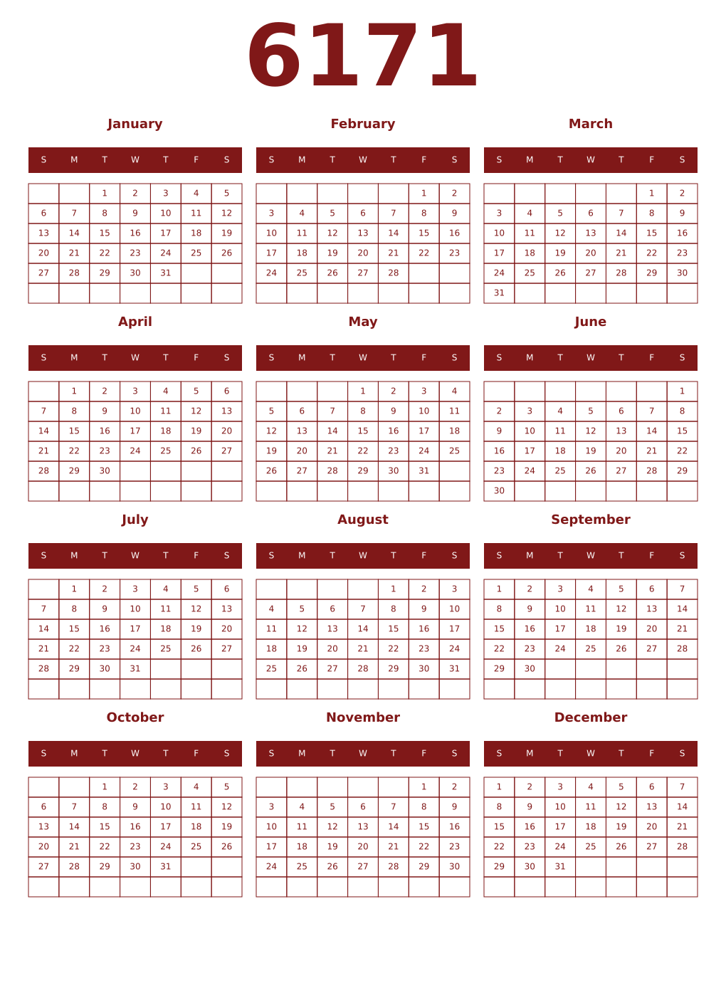 Printable 6171 Year Calendars falu
