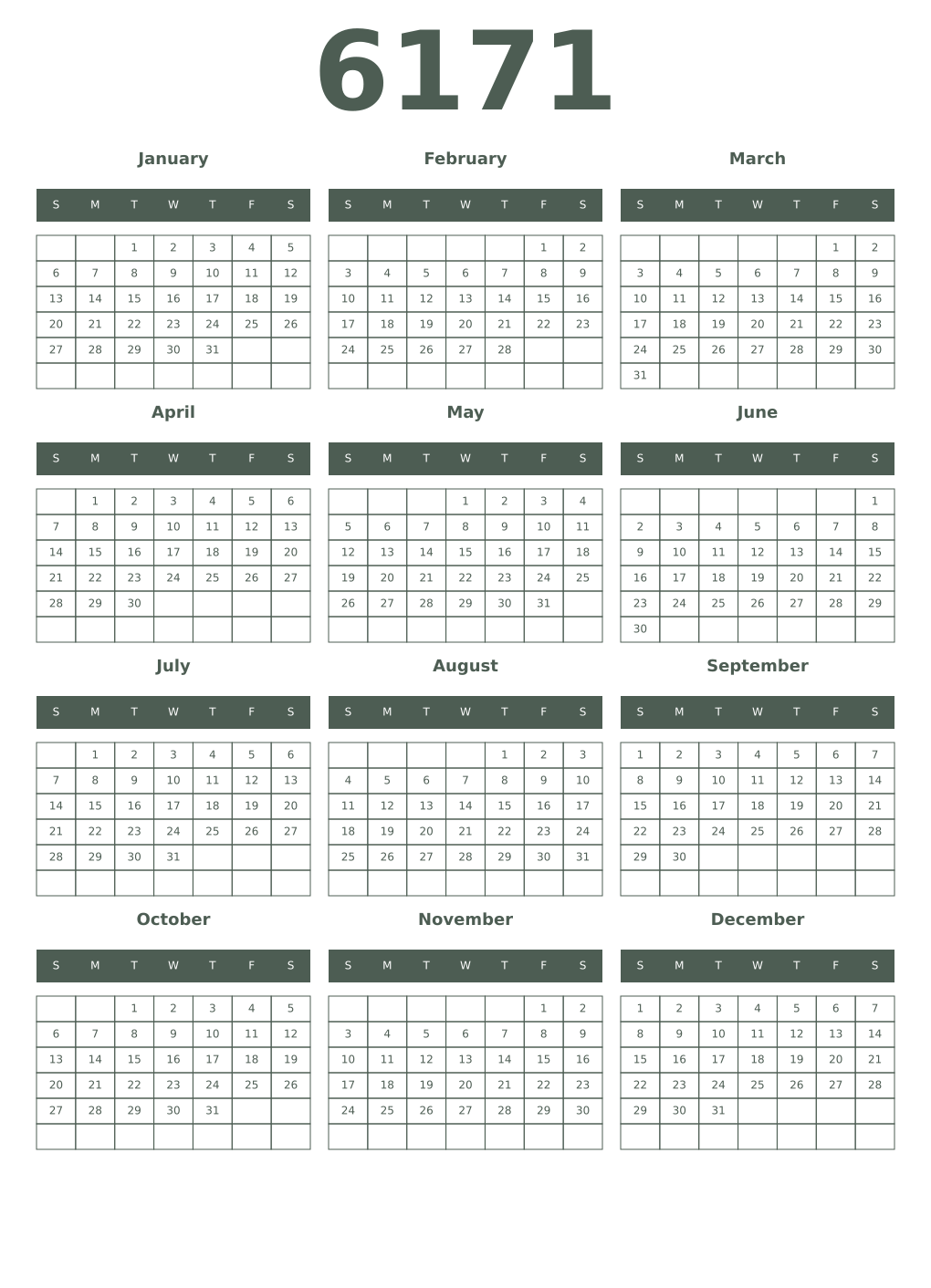 Printable 6171 Year Calendars feldgrau