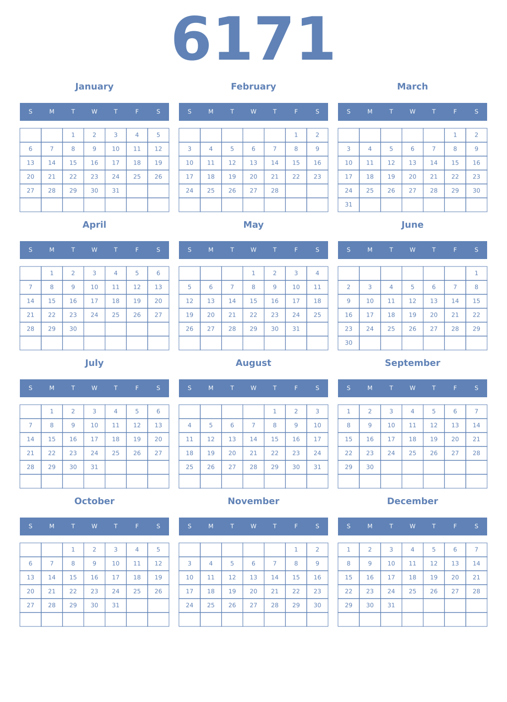 Printable 6171 Year Calendars glaucous