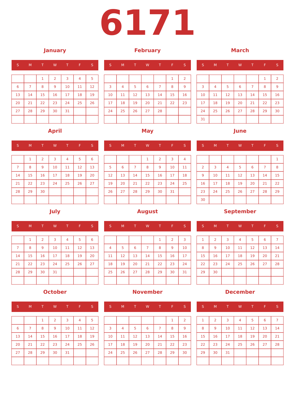 Printable 6171 Year Calendars red