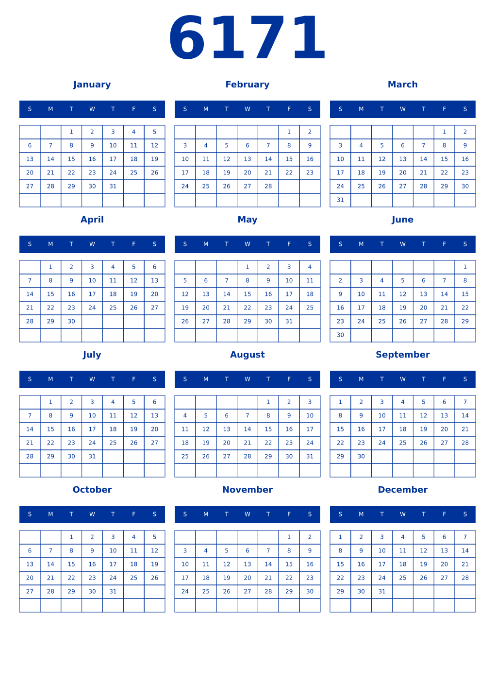 Printable 6171 Year Calendars smalt