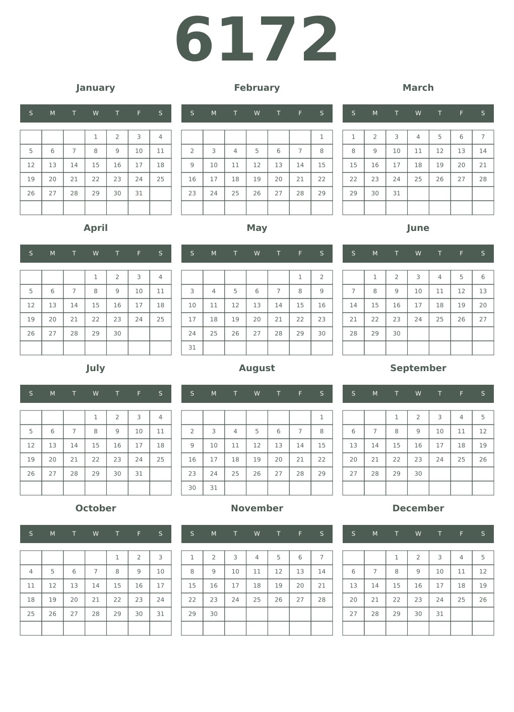 Printable 6172 Year Calendars feldgrau