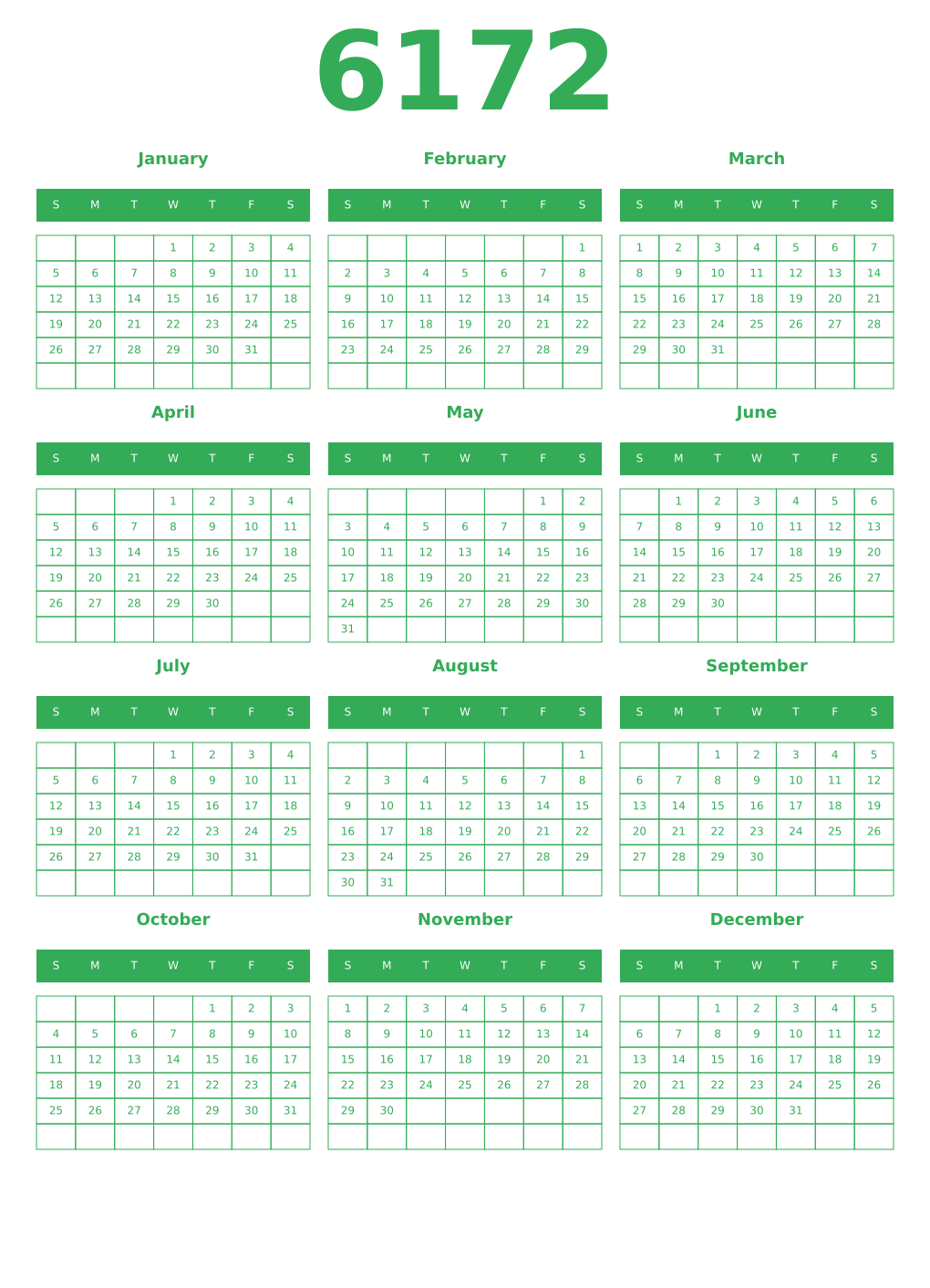 Printable 6172 Year Calendars green
