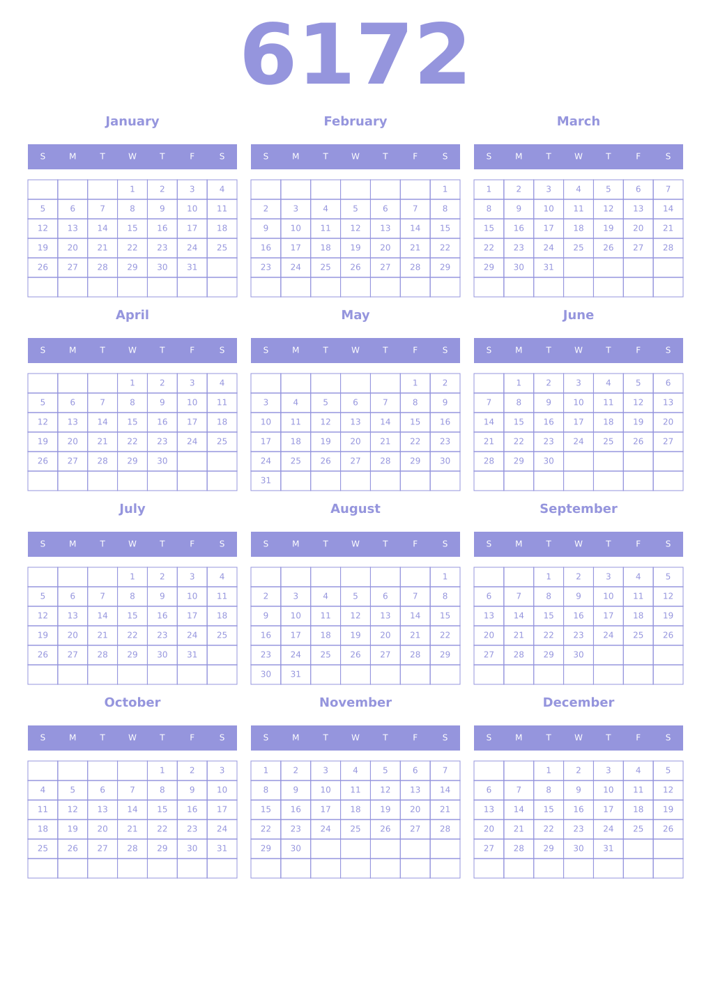 Printable 6172 Year Calendars periwinkle