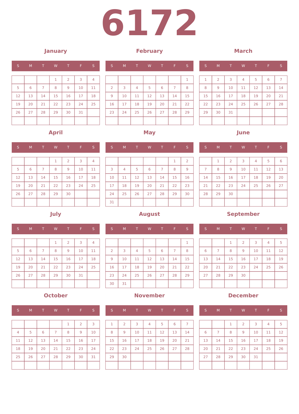 Printable 6172 Year Calendars puce