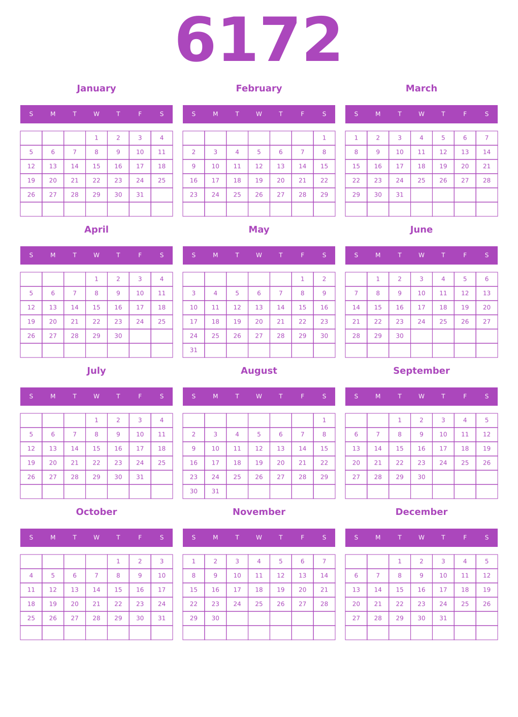 Printable 6172 Year Calendars purple
