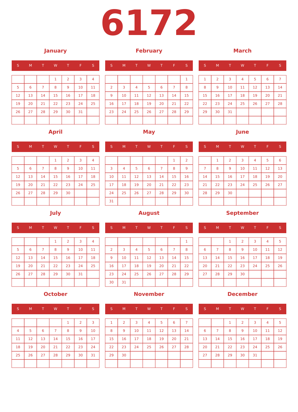 Printable 6172 Year Calendars red