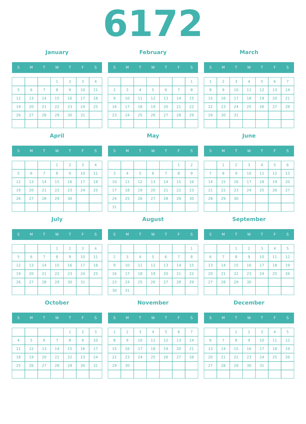Printable 6172 Year Calendars verdigris