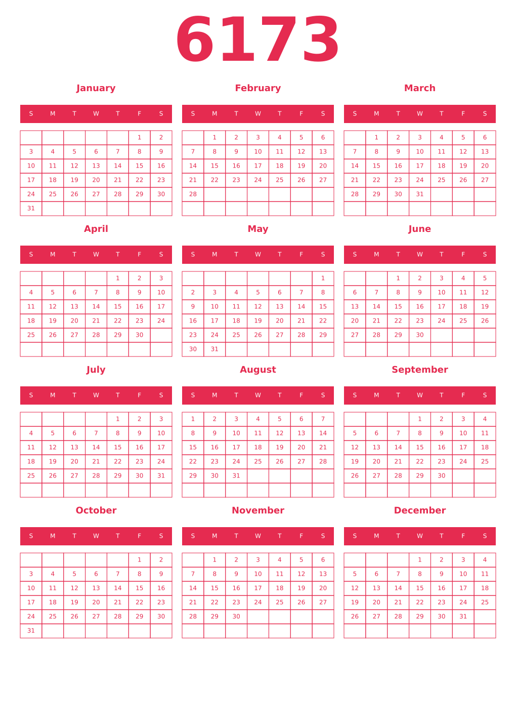 Printable 6173 Year Calendars amaranth