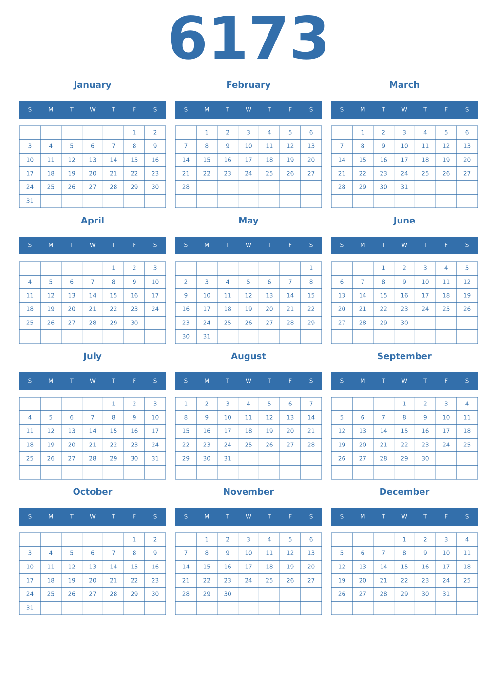 Printable 6173 Year Calendars blue