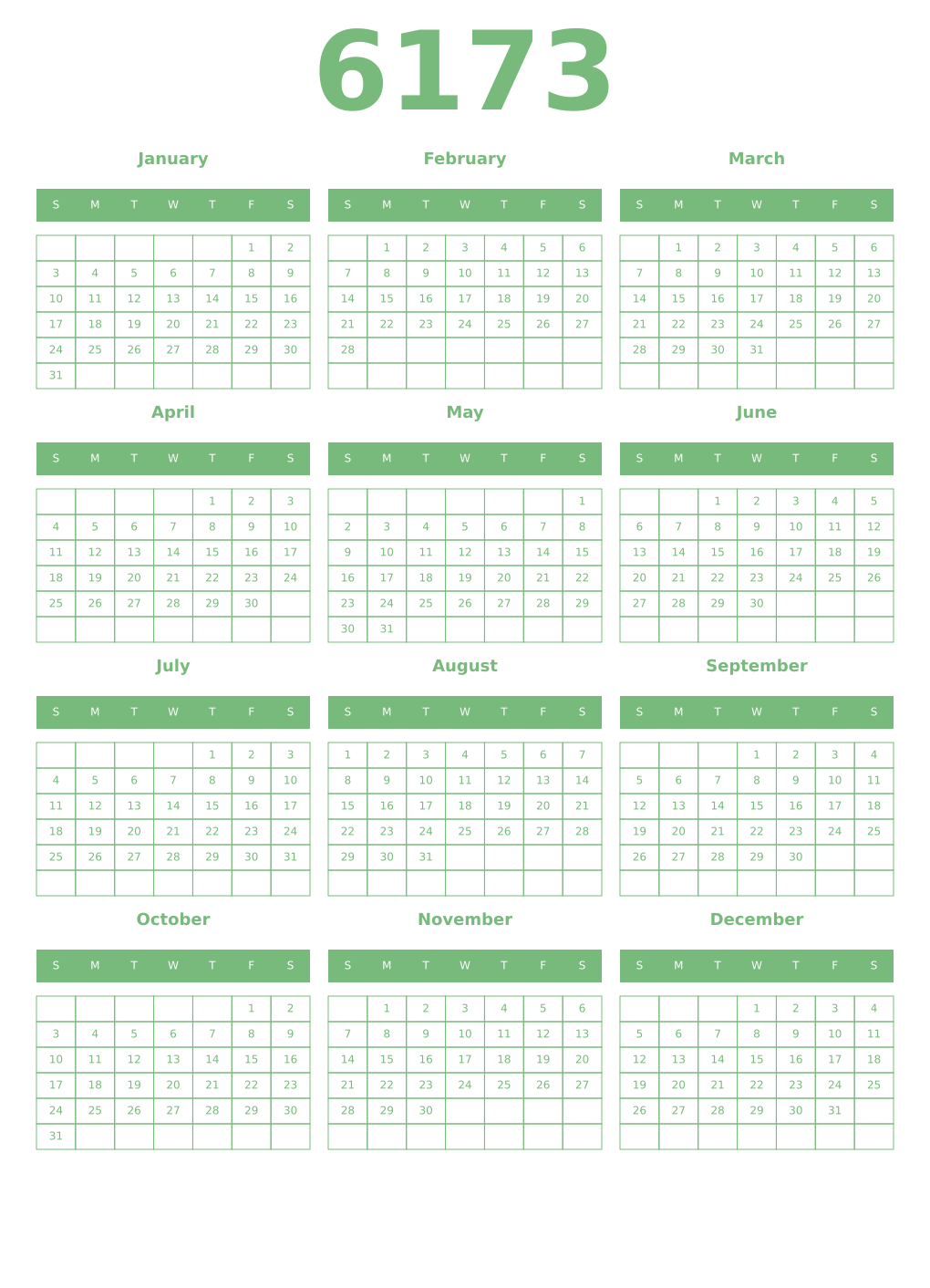 Printable 6173 Year Calendars celadon
