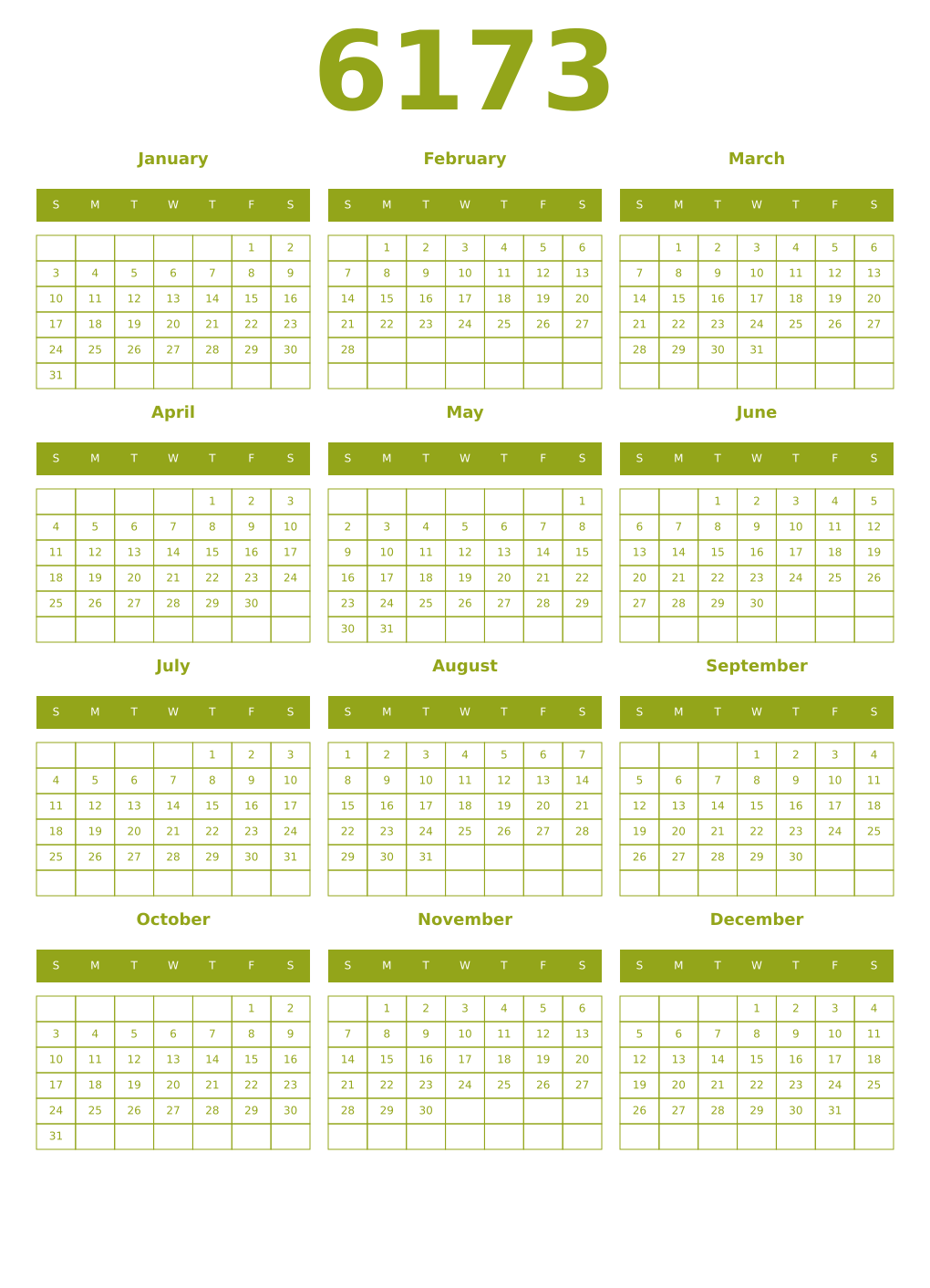 Printable 6173 Year Calendars chartreuse