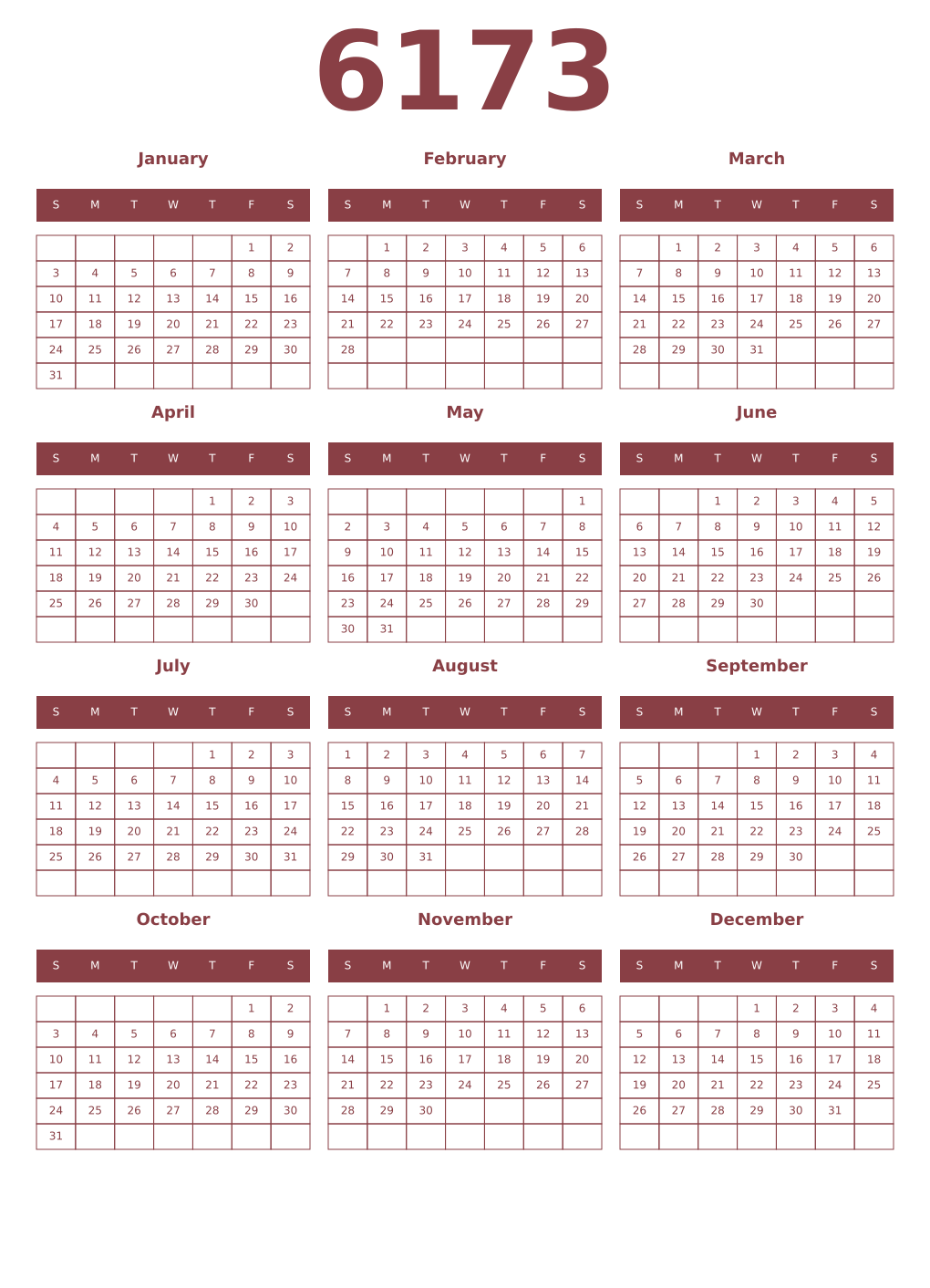 Printable 6173 Year Calendars cordovan
