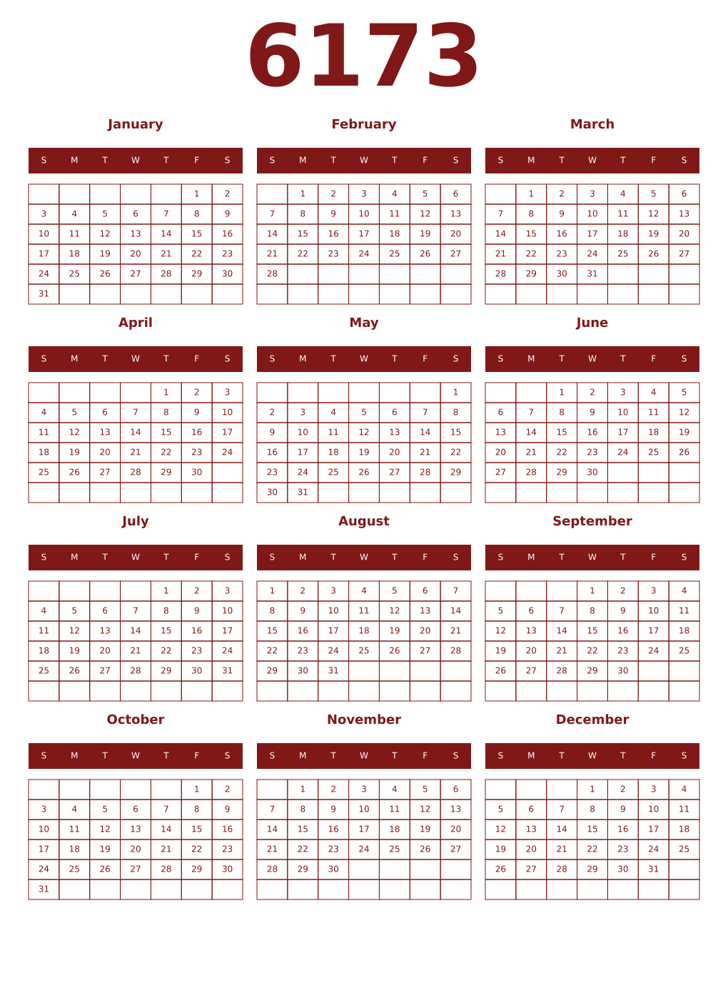 Printable 6173 Year Calendars falu